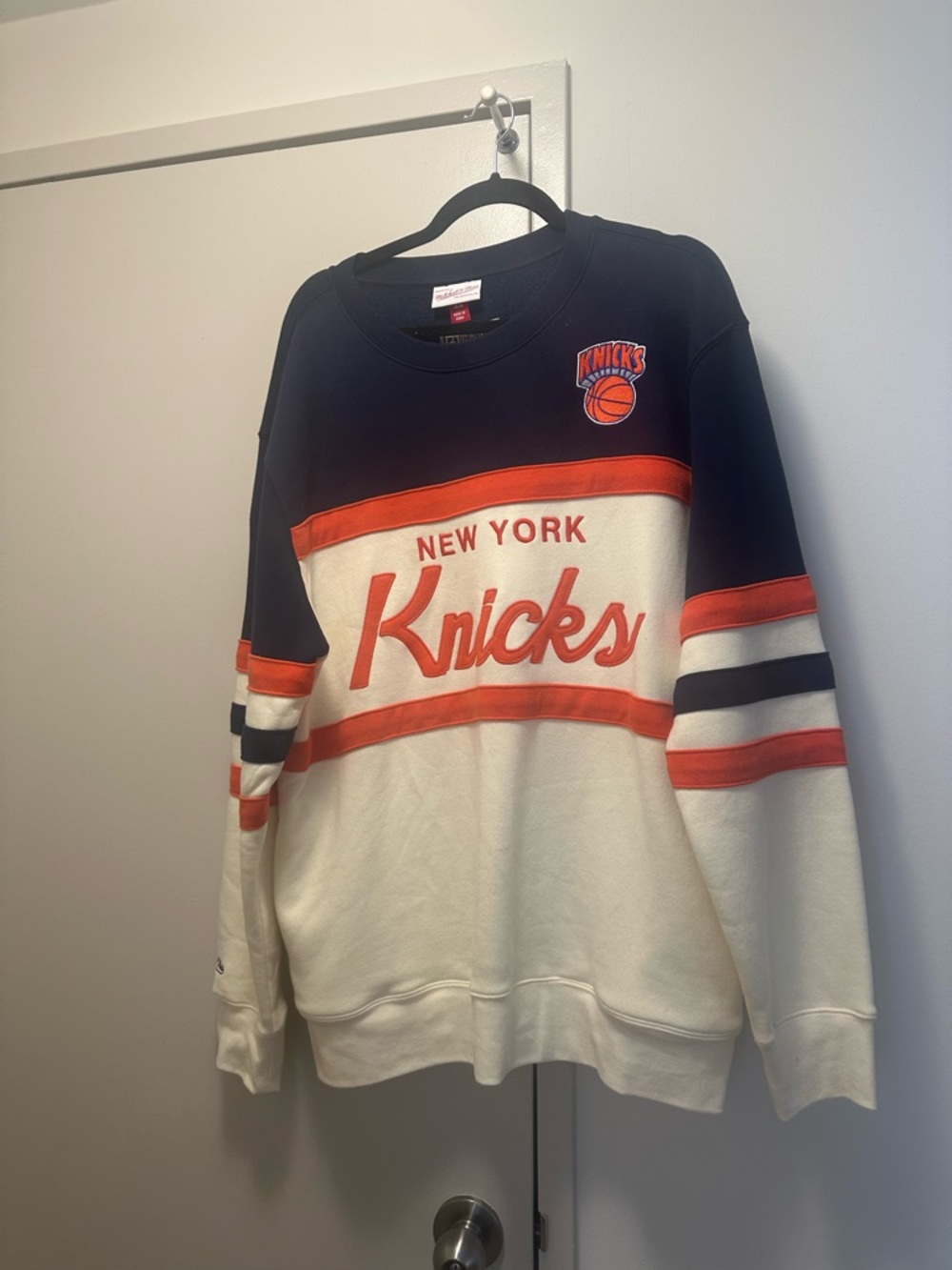 Mitchell & Ness New York Knicks Navy, White & Orange Crewneck Sweatshirt